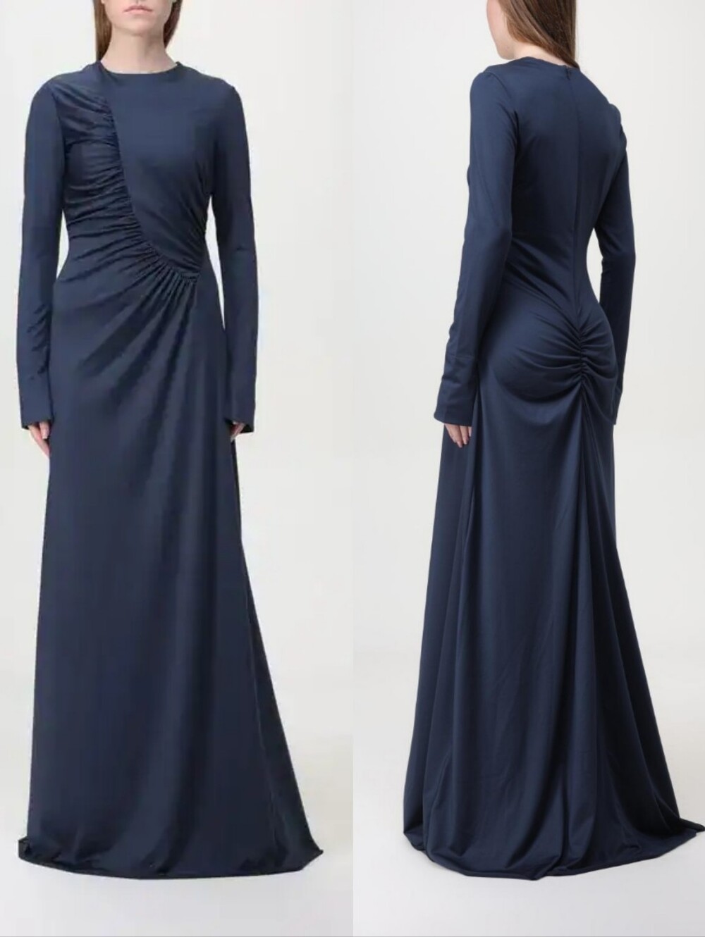 VICTORIA BECKHAM Asymmetric Ruched Long Sleeve Jersey Gown Midnight Navy NWT 8.